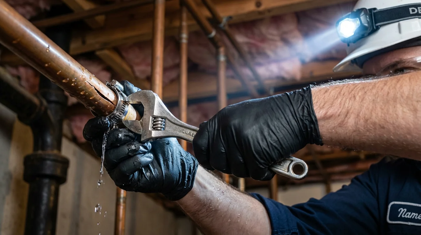 Emergency pipe clamp repair being performed by a Johns Plumbing LLC plumber in Groton