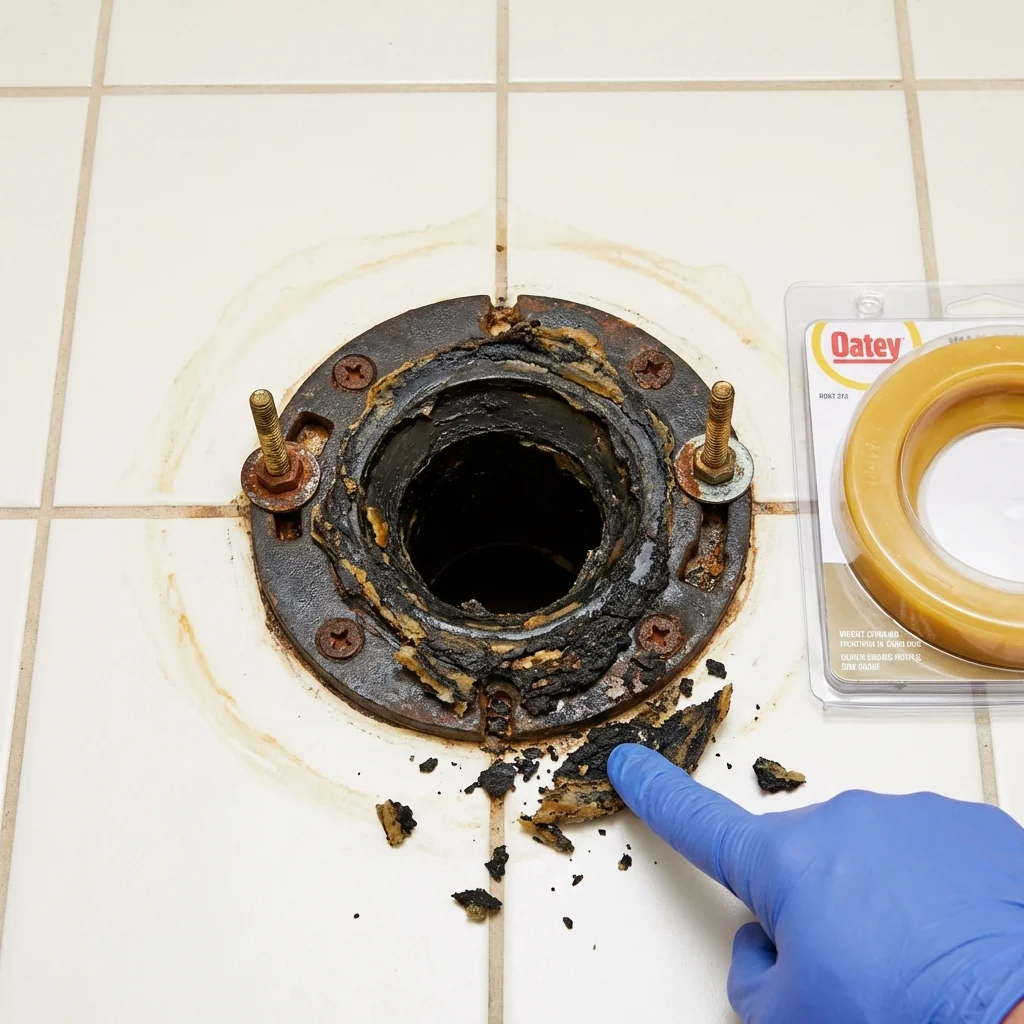 Failed wax ring showing water seepage at the base of a toilet in a Groton, SD home