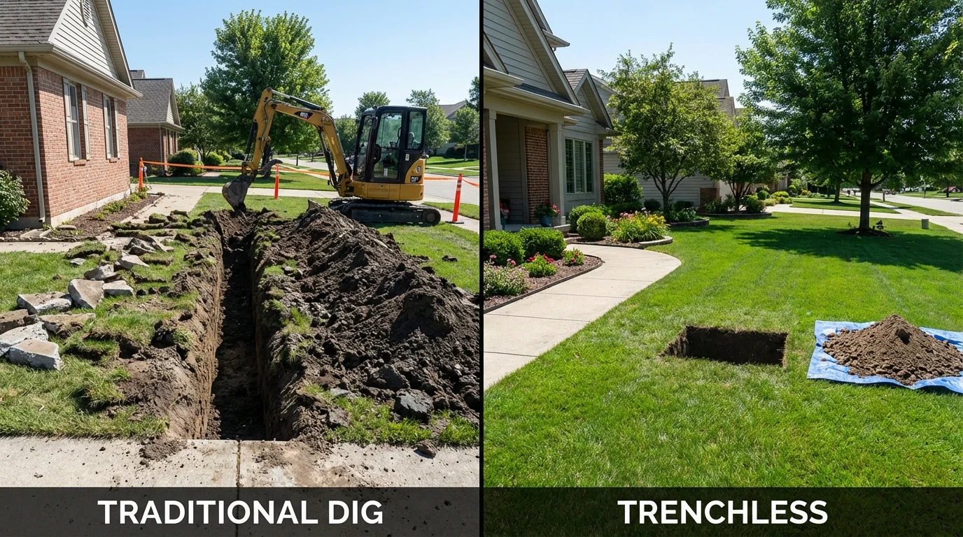 Trenchless sewer repair with minimal yard damage versus traditional excavation in Groton, SD