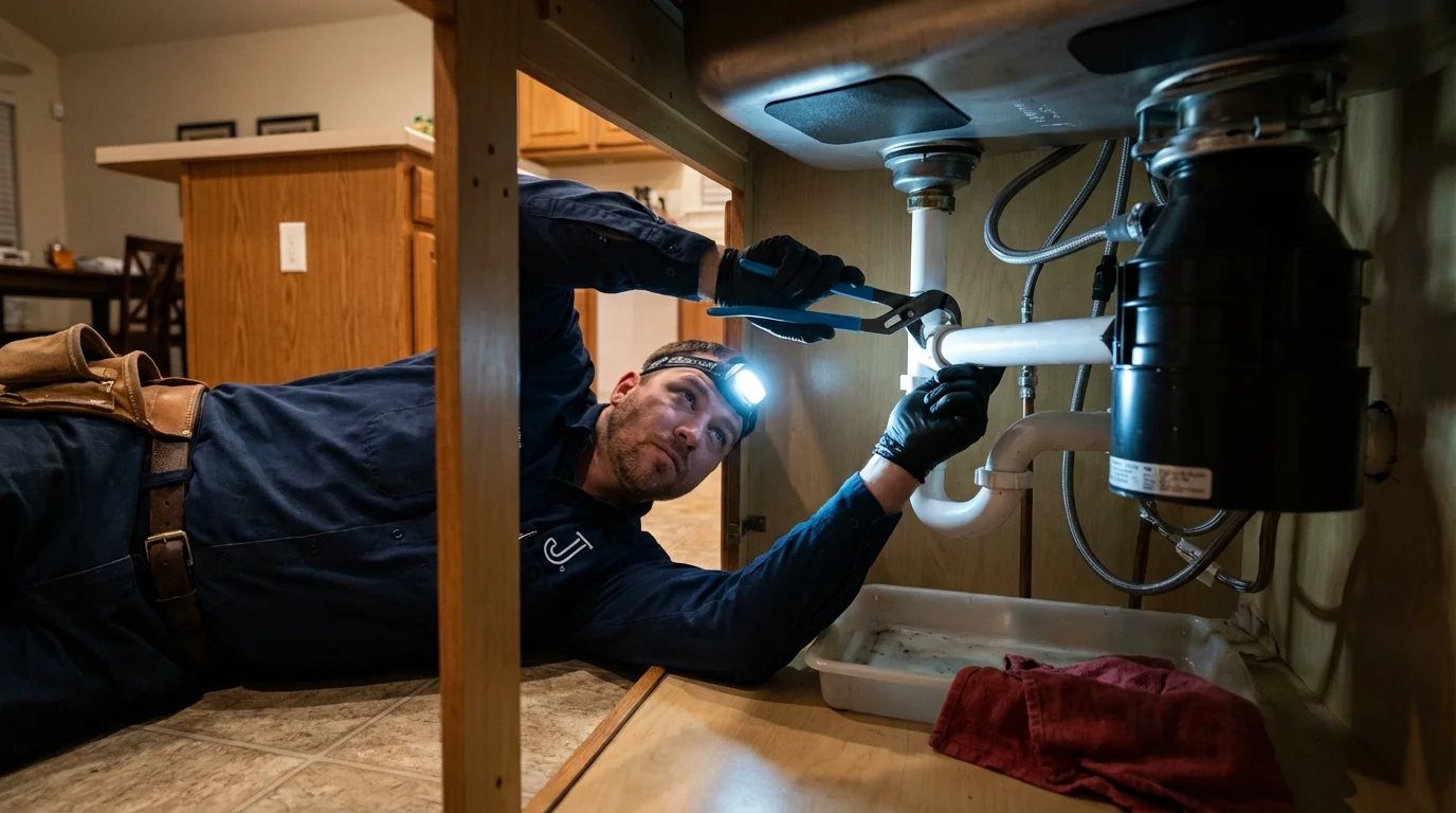 P-trap and supply line connections under a kitchen sink showing a common leak point in Groton, SD